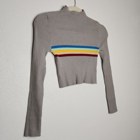 y2k Ribbed Cropped Rainbow Mock Neck Long Sleeve Shirt Ethos Medium - Picture 2 of 5